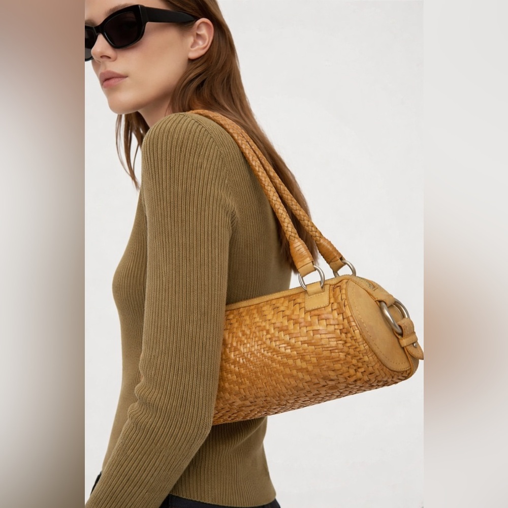 Cole Haan Woven Leather Baguette Bag Braided‎ Handle Silver Hardware